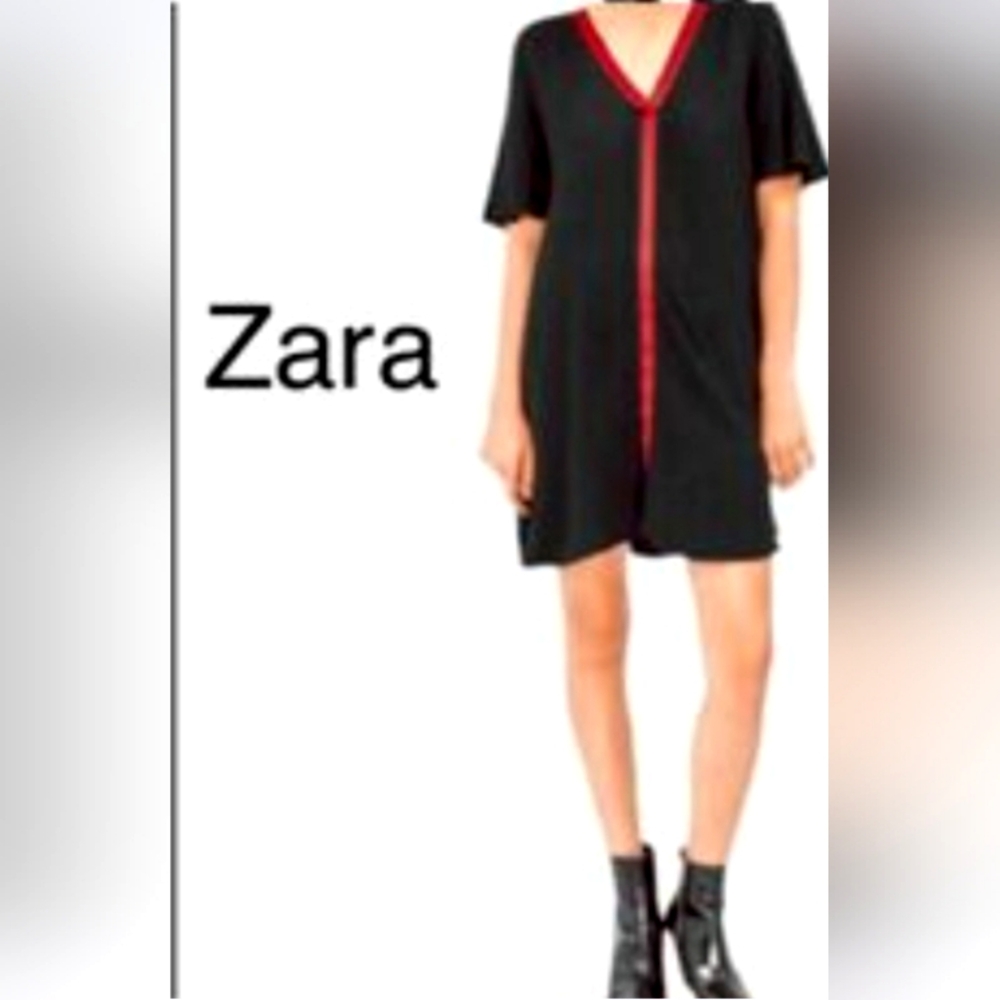 Zara Women's Black Short Sleeve V-Neckline Mini Dress with Red Ribbon Detail Sma